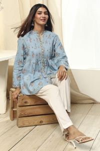 Dull Blue Floral Cotton Short Kurta
