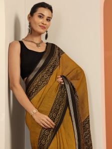 Mustard Printed Silk Blend Saree with Black Border