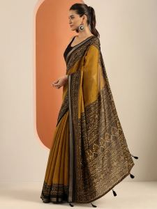 Mustard Printed Silk Blend Saree with Black Border