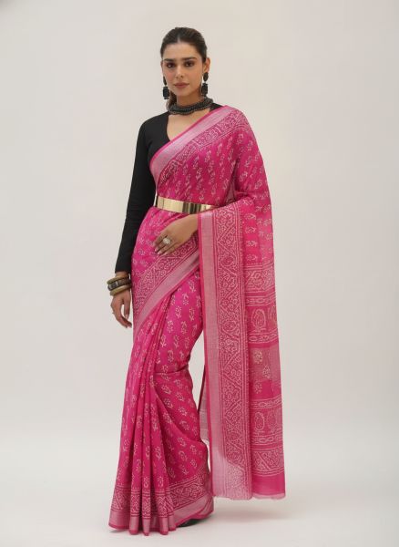 Pink Floral Printed Cotton Saree