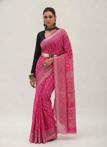 Pink Floral Printed Cotton Saree